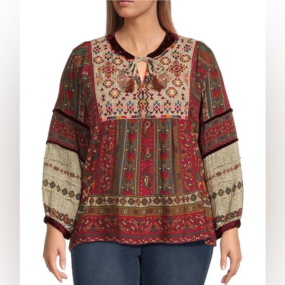 John Mark Burgundy and Cream Patterned Blouse - Picture 3 of 4